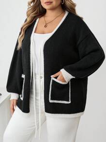 SHEIN CURVE+ Plus Size Casual Loose Tie Pocket Long Sleeve Cardigans In Fall/Winter - Black - View 3