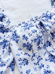 少女碎花印花结饰荷叶边袖短款衬衫，适合度假、下午茶约会、海滩邮轮度假、公路旅行、城市度假、四季穿着、婚礼季、音乐节穿着、音乐节、波西米亚风度假 - 藍白色 - 查看 5