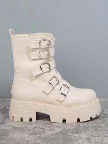 SHUZIA 人造皮革搭扣溝紋鞋底馬丁靴 - 米色 - 查看 6