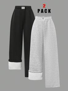 SHEIN Sparklyn 2pcs/Set Teen Girl Casual All-Match Versatile Thick Thermal Lined Loose Wide Leg Sweatpants For Daily Home Wear, Autumn/Winter Fall - Black - View 1