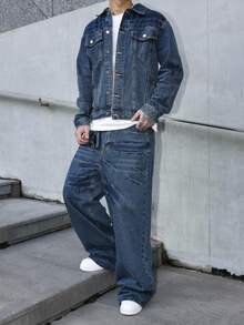 Manfinity EMRG Men's Blue Denim Set, Loose Fit Jacket And Wide Leg Jeans, Street Style, Autumn/Winter Men Wide Leg Jeans Boyfriend & Husband Regular Washed For Loose Wide Leg