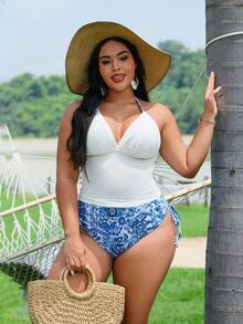 Swim Vcay 大码复古印花流苏边抽绳腰带休闲简约吊带泳衣两件套（女款） - 彩色 - 查看 5