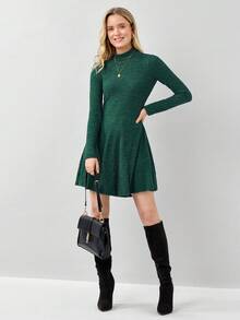 Miaspire Women's Solid Color Stand Collar Long Sleeve Ribbed Hem Casual Mini Dress, Spring Autumn