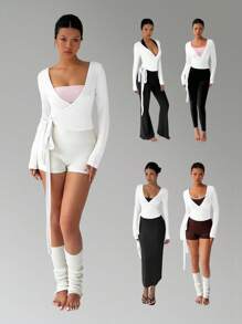 FavEase 柔软、高弹力粉色瑜伽健身运动裹身 V 领长袖短款上衣，时尚、休闲、优雅百搭女性必备设计，春秋季节 - 白色 - 查看 7