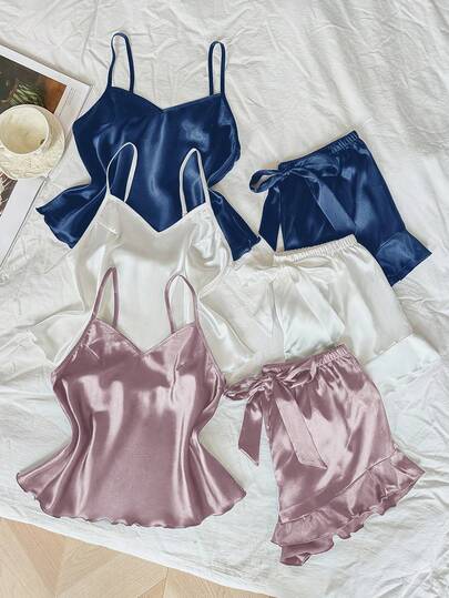 LuxeNights 3pcs/Set Contrast Color Ruffle Trim Faux Silk Coordinated Outfit Satin Lingerie Set Satin Sleepwear Set