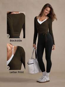 Eassivo Eassivo 女式休闲轻质纹理系带长袖运动 T 恤，四季百搭 女式瑜伽上衣 裹身式上衣 瑜伽裹身式上衣 运动上衣 长袖瑜伽上衣 女式瑜伽上衣 运动服上衣 女式运动上衣 系带前上衣 女式瑜伽上衣 收腹上衣 - 棕色 - 查看 3