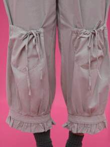 COUREZ Quần ống rộng cạp thấp lửng với gấu quần xếp ly và túi trước / Phong cách Y2K mùa xuân đi chơi - Màu xanh Bạc hà - Xem 6