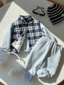 3 件套男婴/女婴休闲舒适百搭圆领运动衫 + 运动裤套装，厚绗缝背心夹克分层运动服，秋冬 - 彩色 - 查看 7