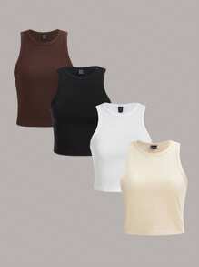 SHEIN Essnce 4 件套女士圆领纯色吊带背心，百搭百搭背心，黑色、白色、杏色、咖啡色，适合夏季 - 彩色 - 查看 1