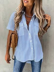 INAWLY Camisa casual de mujer de manga corta, de bolsillo, holgada y con rayas, ideal para vacaciones - Azul y blanco - Ver 3