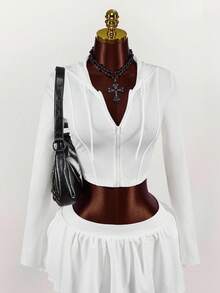 Amplova Chaqueta con capucha con cremallera completa de unicolor para mujer, uso casual diario - Blanco - Ver 1