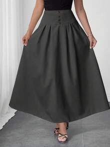 Modelyn Women's Elegent Office High Waist Solid Color Decorative Button Pleated A-Line Skirt,Autumn Grey Dark Green Olive Green Elegant Skirts - Dark Grey - View 8