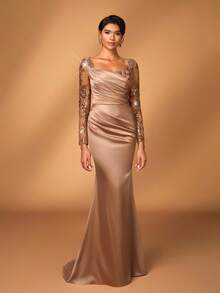 Serin Đầm dạ hội dài tay dáng đuôi cá sang trọng, đính sequin và ren hoa, chất liệu satin co giãn, mỏng nhẹ, thích hợp cho đám cưới, tiệc tùng, kỳ nghỉ, dạ hội, váy dạ hội cho mẹ cô dâu, ngày Valentine. - Rượu sâm banh - Xem 8