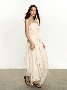 Rina Fox Đầm midi xếp nếp màu trơn thanh lịch cho nữ, mùa hè - Màu be - Xem 4