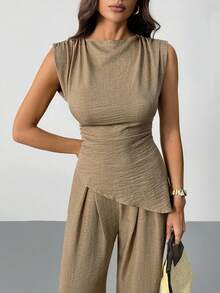 SHEIN Tall Khaki Minimalist Elegant Casual Commute Office Outfit: Sleeveless Asymmetric Ruched Waist Women's Blouse + Regular Ruched Wide Leg Women's Pants, Linen Commute Suit, Beach Outfits For Women, Airport Outfit, Vacation Outfits, Teacher Outfit,Elegant Women's Set,Brown ,Casual And Simple - Khaki - View 6