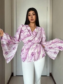 Modelyn Élégante blouse à manches longues pour femmes avec col drapé, fente et poignets à liens, en aquarelle violette