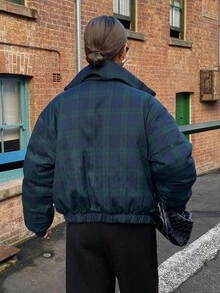 DAZY 女士双面格子绗缝外套，适合秋冬季节穿着，Y2K风格 - 棕色 - 查看 9