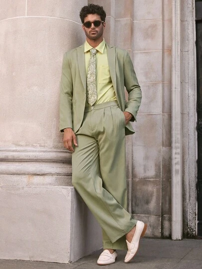 HIMLAND 2pcs Men's Casual V-Neck Solid Color Woven Suit Set, Mint Lime Green Set, Old Money