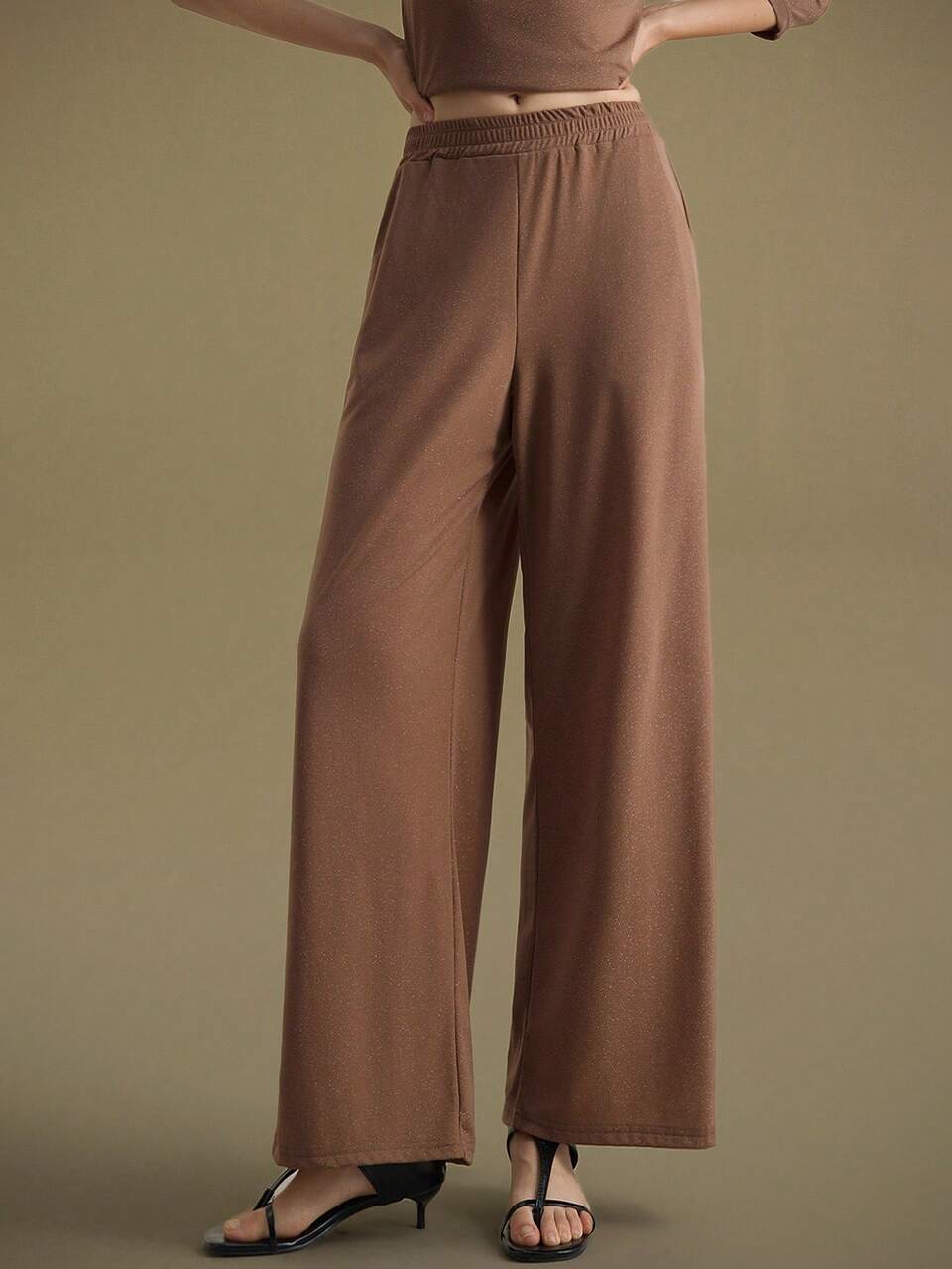 Mocha Brown,Summer,Elegant,Brunch Women's 2-Piece Business Casual Set,Metallic Fabric Long Sleeve Top & Pants,Autumn/Winter Versatile Teacher's Outfit