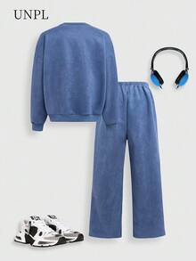 SHEIN Set de 2 piezas Sudadera y pantalones deportivos vintage para adolescentes varones, adecuado para uso diario, actividades al aire libre, fotografía en la ciudad