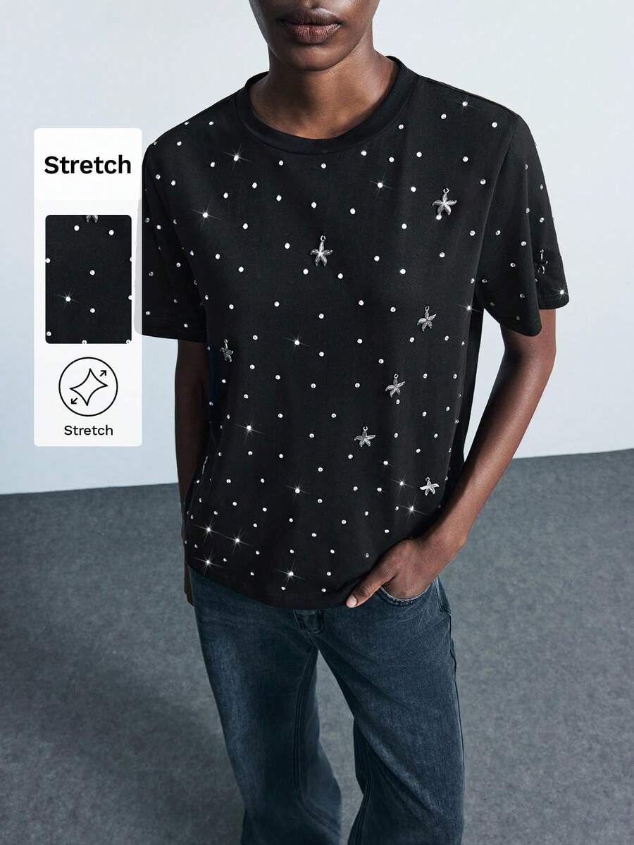 Maija Women's Casual Crew Neck Short Sleeve T-Shirt With Starfish Decor, Summer Studded Top Sparkle Top Going Out Tops Women Office Outfits For Women Basic Tops For Going Out  Going Out Tops Women Going Out Tops Going Out Outfits Tops For Going Out Sequin  Halloween Halloween Clothes Halloween Clothes Women Halloween Clothes Women - Black - View 1
