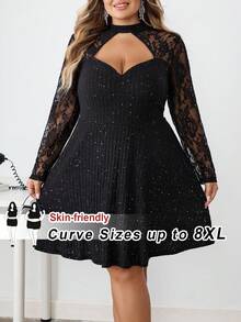 SHEIN CURVE+ 大码女式优雅性感约会派对聚会修身亮片领镂空罗纹面料蕾丝拼布长袖连衣裙/秋冬 - 黑色 - 查看 1