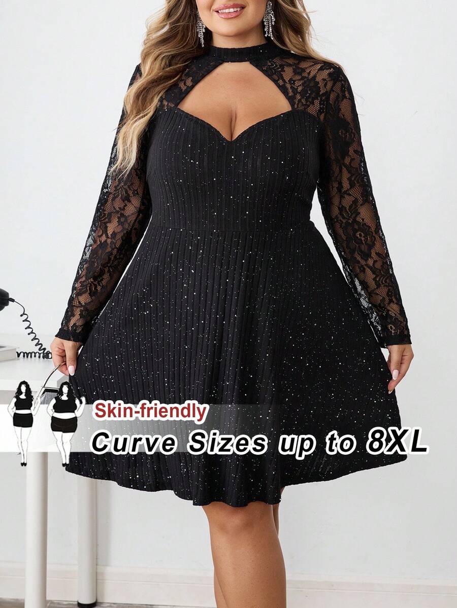SHEIN CURVE+ 大码女式优雅性感约会派对聚会修身亮片领镂空罗纹面料蕾丝拼布长袖连衣裙/秋冬 - 黑色 - 查看 1