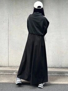 FRIFUL 女式马球领休闲侧条纹宽松长款运动连衣裙 - 黑色 - 查看 4