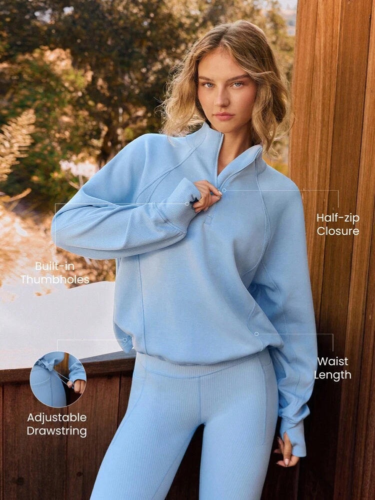 Modal Loose Fit Ribbed Panels Adjustable Hem Half-Zip Collar Sweatshirt With Thumbholes Daily Casual Wear  Spring Summer