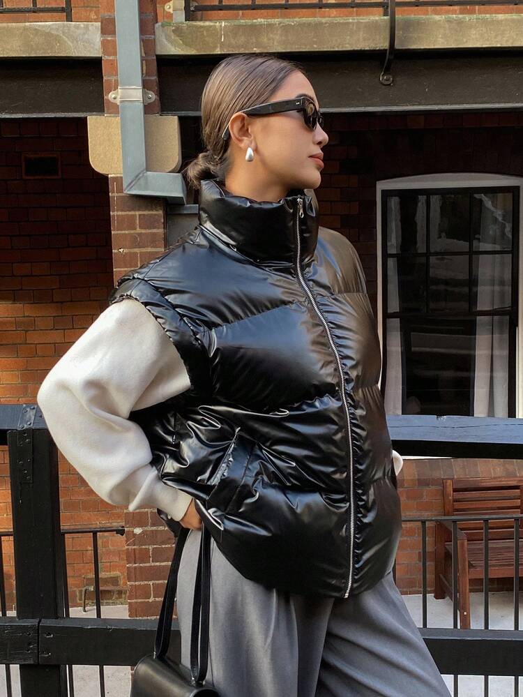 Solid Color Loose Sleeveless Padded Coat For Women Jacket Winter Vest Leather Jacket