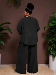 Veslaya 大码女装 2025 新款春夏纯色 V 领纯色喇叭袖衬衫和阔腿裤休闲套装 - 黑色 - 查看 2