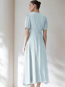 Aveloria Modichic Váy voan nữ thanh lịch với thiết kế xếp ly ngực, tay công chúa, thắt eo, chân váy xòe, tối giản và đa năng khi đi làm, dài đến đầu gối - Màu xanh nhạt - Xem 6