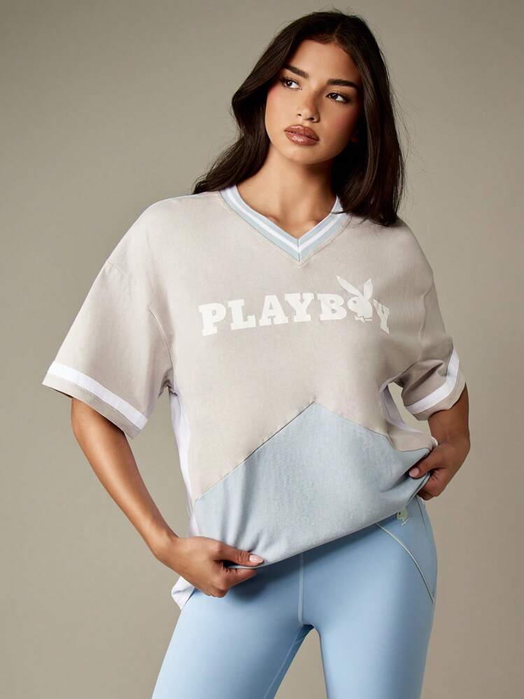 Missguided x Playboy Áo thun cổ chữ V cỡ lớn phong cách retro, thiết kế khối màu, đồ mặc nhà, đồ dạo phố, áo cotton pha thoải mái, bộ sưu tập thu đông xuân - Nhiều màu - Xem 1