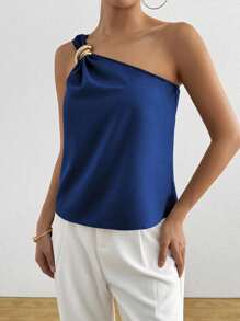 Rafferiza 女士纯色休闲优雅通勤衬衫，带金属装饰纽扣，夏季 - 藏蓝色 - 查看 6