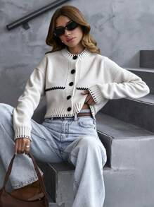 SHEIN Women Stitch Detailed Front Button Stripe Pattern Cardigan Cropped Cardigan,Long Cardigans Woman,Petite Cardigans,Cardigans