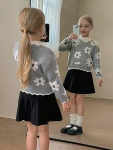 SHEIN LMoss Kids 少女花卉图案灰色长袖毛衣，可爱百搭，秋冬 - 灰色 - 查看 4