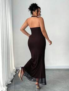 SHEIN PETITE Mesh Double Layer Halter Maxi Fish Tail Dress, Elegant Plus Size & Petite Summer Dress - Multicolor - View 2