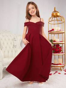 SHEIN Serisse Kids Tween Girl Elegant & Glamorous Off-Shoulder Strap Party Dress