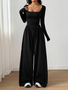 SHEIN Unity Women's Casual Solid Color Square Neck Jumpsuit - Black - View 5