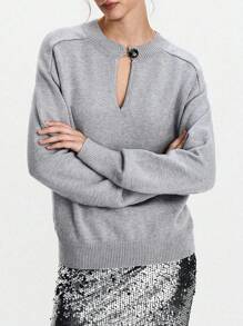 Lumivelle 女士休闲宽松时尚简约深 V 领毛衣，百搭秋冬装 - 灰色 - 查看 3