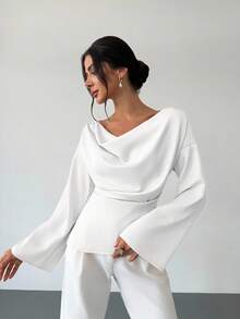 Firerie Boat Neck Flare Sleeve Gathered Waist Office Lady Apricot Blouse, Minimalist Elegant Daily Commute Satin Asymmetric Ruched Collar Flare Sleeve Blouse For Women, Office Wear Chic White Shirt - White - View 4