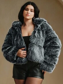 Anewsta 女式大码时尚现代连帽短款毛茸茸大衣 - 灰色 - 查看 3