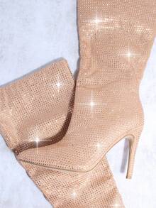 SHUZIA Rhinestone Closed Toe Over-the-Knee Sock Boots - Champagne - View 4