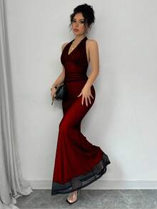 Rafferiza 优雅修身鱼尾下摆 V 领腰部褶皱针织网眼玫瑰红色衬里长款连衣裙，适合秋冬女士 - 紅色 - 查看 6