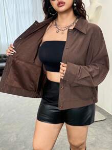 SHEIN EZwear 大码女式纯色插肩袖单排扣双口袋夹克 - 咖啡棕 - 查看 7