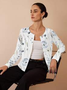 Glamance Shutterstock 休闲花卉印花女式夹克，适合秋季女士花卉外套，返校，工作服，女士秋冬商务休闲户外办公室乡村旅行女士西装外套轻便西装外套女士花卉西装外套女士 - 白色 - 查看 1