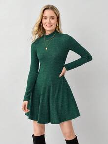 Miaspire Women's Solid Color Stand Collar Long Sleeve Ribbed Hem Casual Mini Dress, Spring Autumn