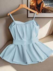 Franclia Women's White Pearl Button Tie Ruffle Hem Camisole - Blue - View 2