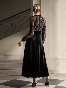 ZEYLAH Lace Patchwork Velvet Long Sleeve Dress, Autumn/Winter - Black - View 4