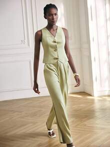 Maija 2 件套女士灰绿色金属单排扣背心和裤子休闲通勤西装套装 - 綠色 - 查看 6